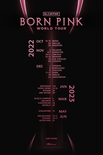 Cette image promotionnelle montre les dates de la tournée mondiale «Born Pink» de Blackpink qui débutera en octobre. (Photo fournie par YG Entertainment. Revente et archivage interdits) 
