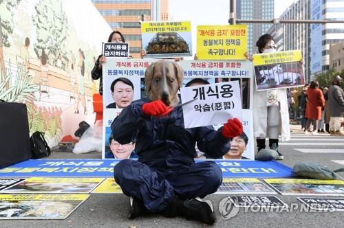 ２日、ソウル都心の光化門広場付近で大統領選候補に対し、犬の食用禁止などを公約に掲げるよう求めるパフォーマンスを行う市民団体メンバー＝（聯合ニュース）