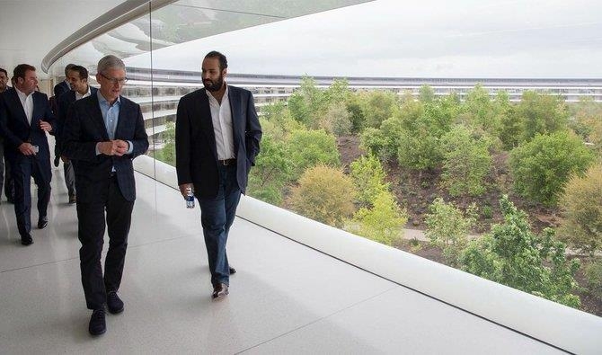 애플 본사에서 팀 쿡 애플CEO(좌)와 만난 무함마드 사우디 왕세자