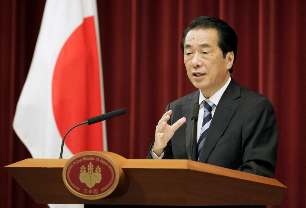 2010년 8월 10일 간 나오토(菅直人) 당시 일본 총리가 일본 총리관저에서 기자회견을 하고 있다. 간 나오토 내각은 이날 한국에 대한 식민지 지배를 사과하는 이른바 간 나오토 담화를 각의 결정했다. [교도=연합뉴스 자료사진]