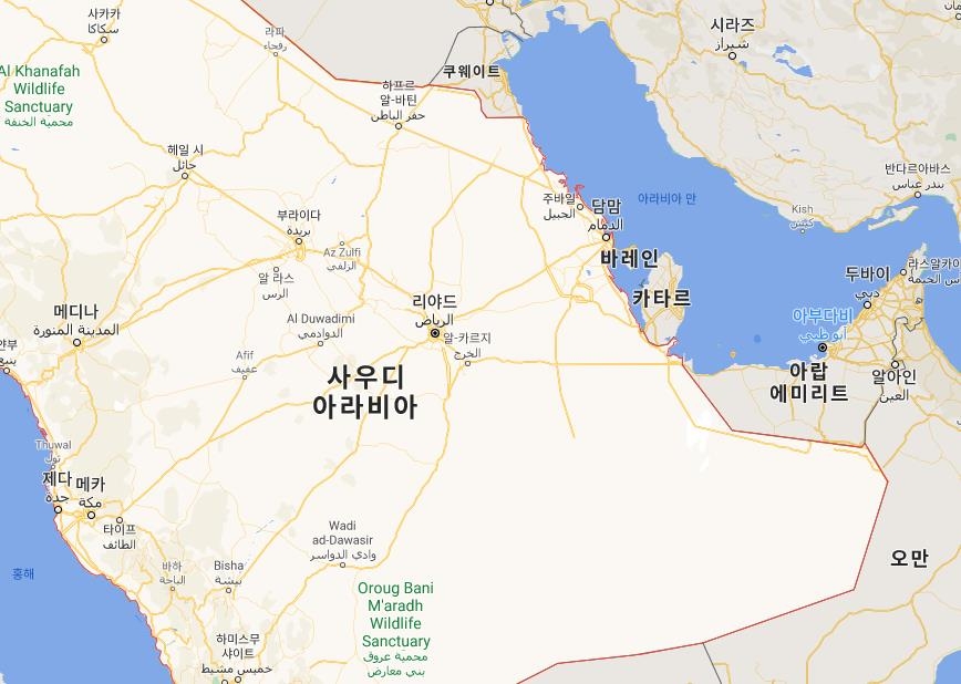 사우디아라비아와 카타르가 포함된 중동 지도.[구글 캡처. 재판매 및 DB 금지]
