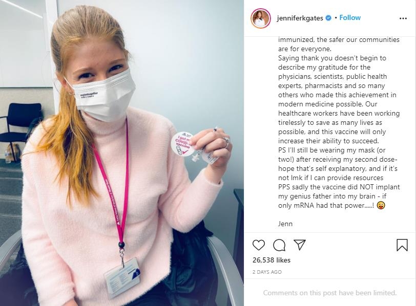 빌 게이츠의 딸 제니퍼 K 게이츠가 인스타그램에 코로나19 백신을 접종한 인증 사진과 글을 올렸다. [출처=제니퍼 게이츠 인스타그램, 재배부 및 DB 금지]