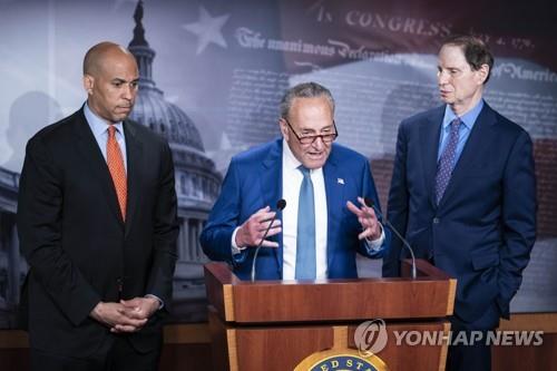 미국 상원 민주당 척 슈머 원내대표(가운데) 등이 연방 차원의 마리화나 합법화를 촉구하고 있다. [UPI=연합뉴스]