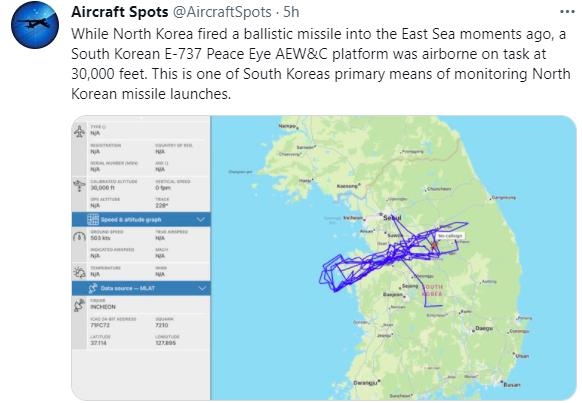 북한 미사일 발사 전후 피스아이 비행궤적