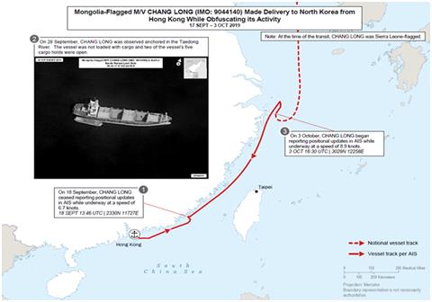 2019년 10월 중국 선박 '지위안'의 북한 항해 내역