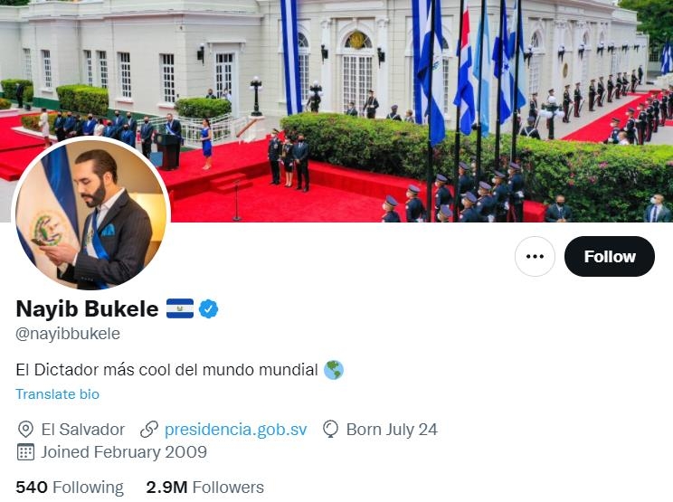 "세상에서 가장 쿨한 독재자"라고 자신을 소개한 부켈레 엘살바도르 대통령 트위터