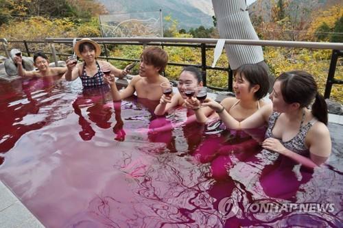 와인을 섞은 일본 하코네의 노천탕에서 보졸레 누보 즐기는 관광객들