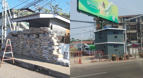 [미얀마르포] 무장투쟁 두려웠나…미얀마군 초소 모래포대→벽돌 건물