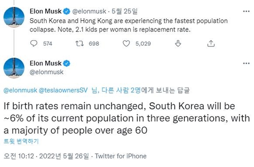 머스크 "한국, 세계에서 가장 빠른 인구붕괴 겪고 있다"