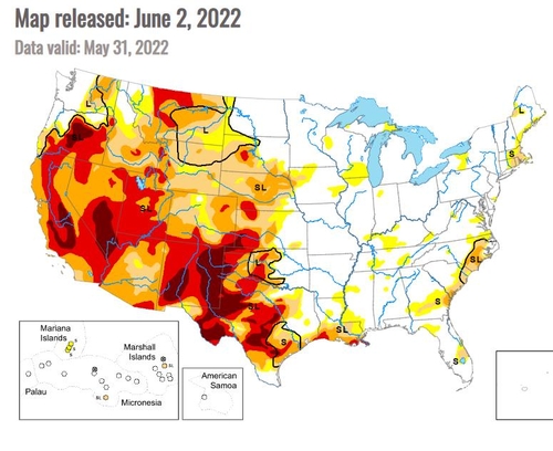 2일(현지시간) 기준 미국 가뭄 현황 (붉은색이 가뭄 극심 지역)
