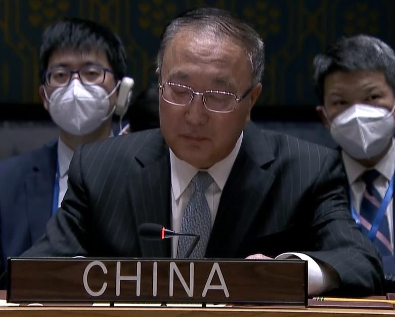 북한 ICBM에 관한 유엔 안보리 회의에서 발언하는 장쥔 주유엔 중국대사