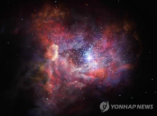 [EPA=연합뉴스] 은하계 A2744_YD4의 상상도. 초기 세대 별에 의해 생성된 먼지로 가득 차 있다는 사실을 발견했다.