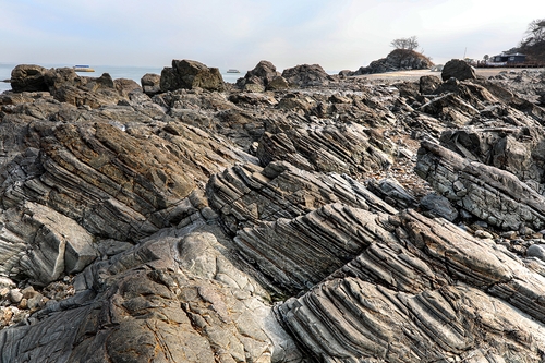 국화도와 매박섬 사이 해변에서 볼 수 있는 암석. 차별침식, 횡와습곡의 흔적을 가지고 있다. [사진/진성철 기자]