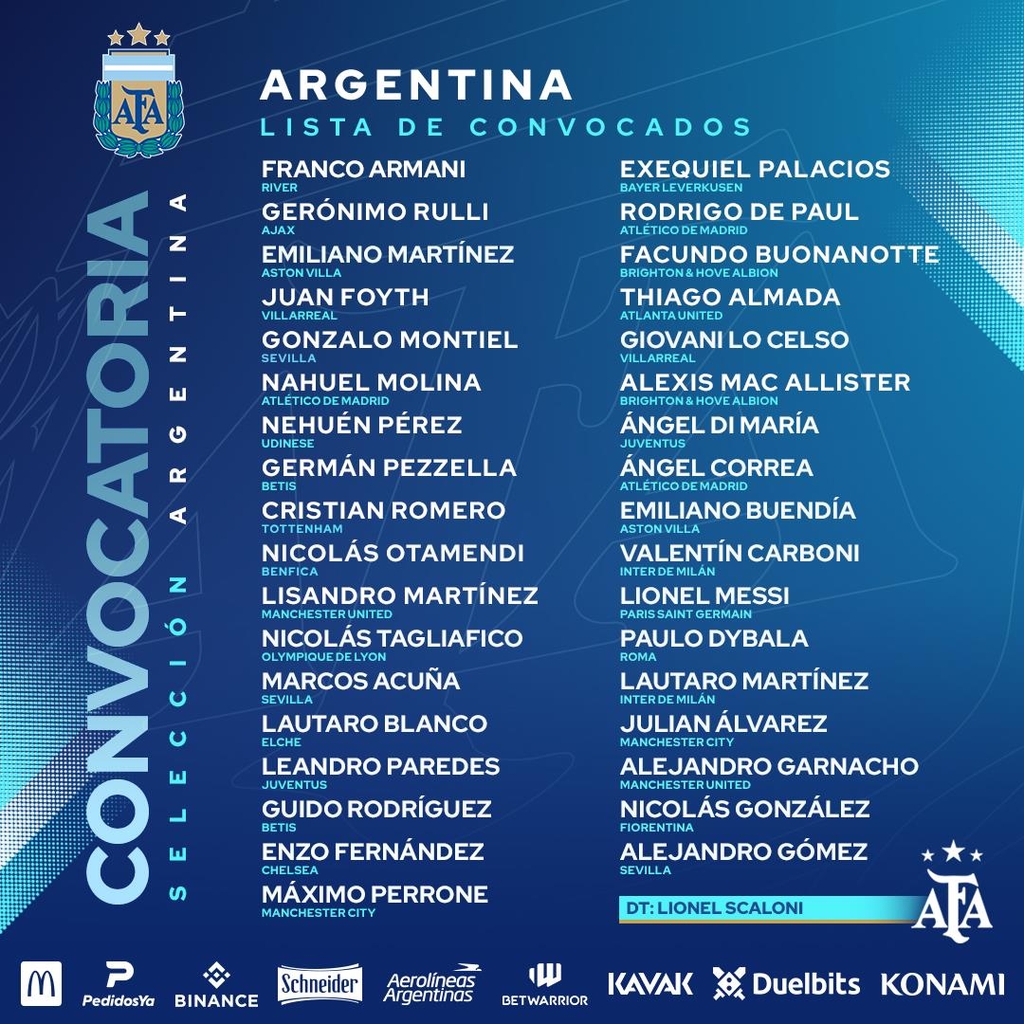 아르헨티나 축구대표팀의 3월 A매치 소집 명단. 