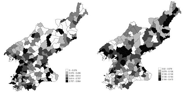 수출 제재(좌), 수입 제재(우)에 따른 지역별 제재 취약도를 나타낸 북한 지도