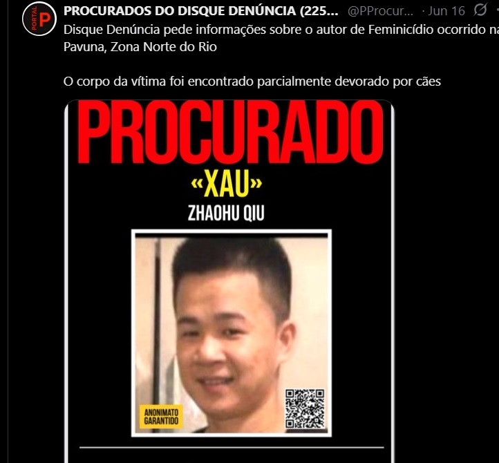 브라질 경찰에서 온라인을 통해 배포한 피의자 수배 전단