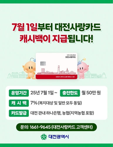 대전사랑카드 다음달부터 7％ 캐시백…월 50만원 한도(…