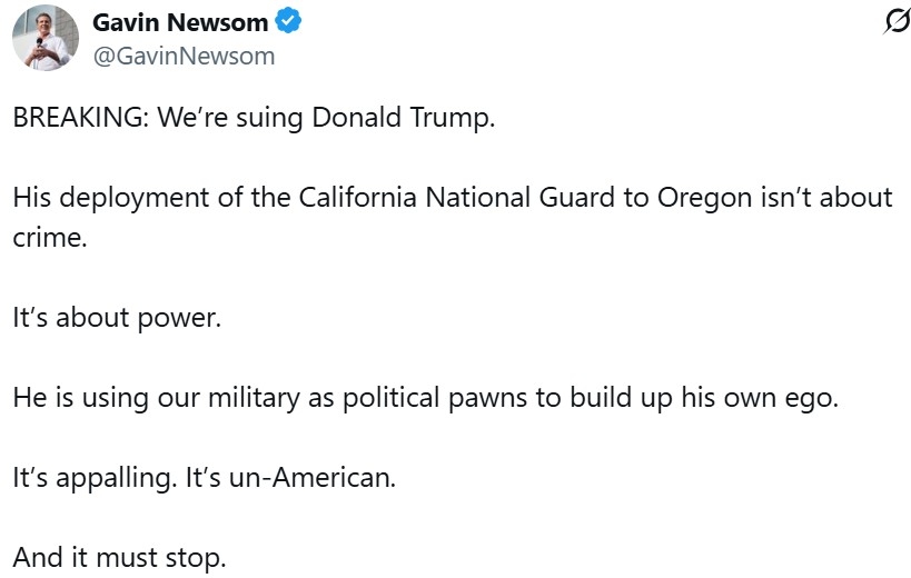 개빈 뉴섬 캘리포니아 주지사가 5일 엑스에 올린 글