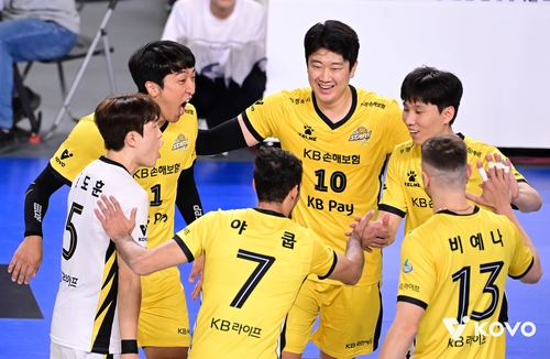 득점 후 기뻐하는 KB손해보험 선수들