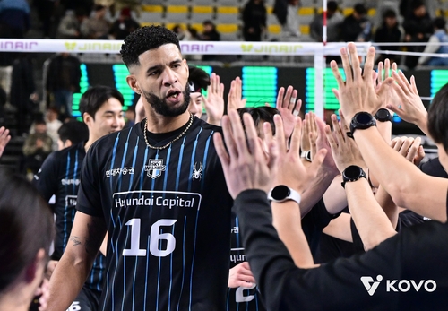 하이파이브 하는 현대캐피탈의 레오