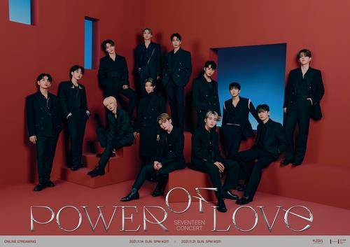 La foto, proporcionada por Pledis Entertainment, muestra un póster promocional de los conciertos en línea "POWER OF LOVE" de Seventeen, que se llevarán a cabo el 14 y 21 de noviembre. (Prohibida su reventa y archivo)