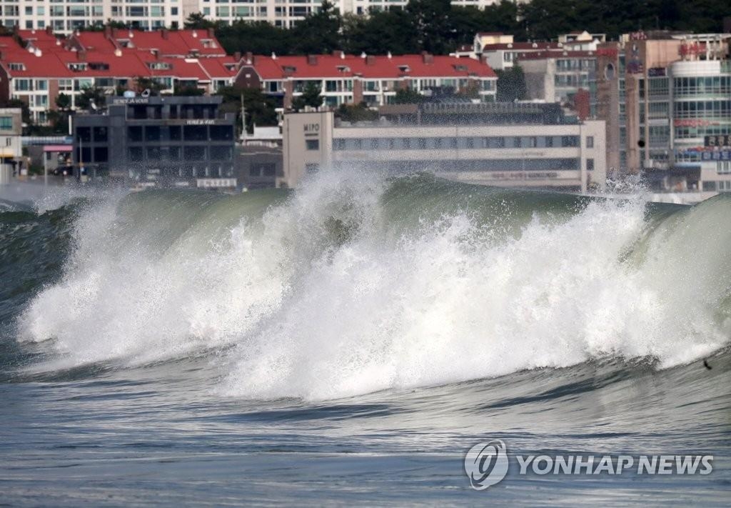 La foto, tomada el 4 de septiembre de 2022, muestra fuertes olas, en la playa de Haeundae, en la mayor ciudad portuaria meridional de Corea del Sur, mientras el tifón superfuerte Hinnamnor avanza hacia el norte dirigiéndose a la península coreana. Se pronostica que el tifón toque tierra, el 6 de septiembre, en la parte meridional de Corea del Sur. 