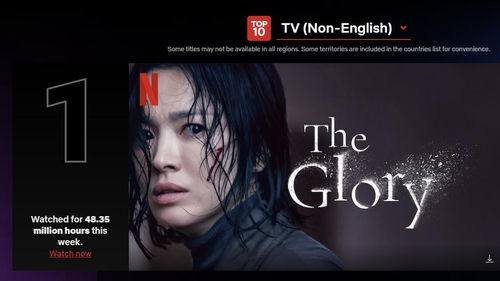 La imagen, capturada del sitio web de Netflix, muestra que la segunda parte de la serie surcoreana de suspense y venganza "The Glory" encabeza el listado de programas televisivos de habla no inglesa en la semana del 20-26 de marzo de 2023. (Prohibida su reventa y archivo)