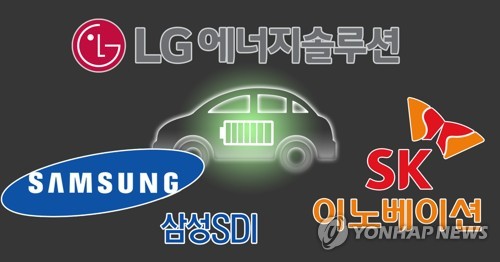 The logos of South Korean battery makers -- LG Energy Solution Ltd., Samsung SDI Co. and SK Innovation Co. (Yonhap)