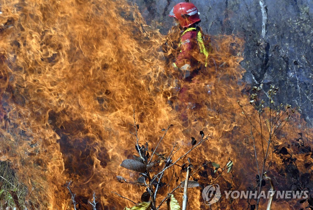 산불과 싸우는 볼리비아 소방관