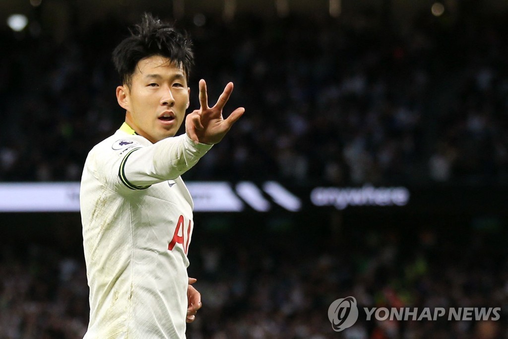 In this AFP photo, Son Heung-min of Tottenham Hotspur celebrates his hat trick goal against Leicester City during the clubs' Premier League match at Tottenham Hotspur Stadium in London on Sept. 17, 2022. (Yonhap)