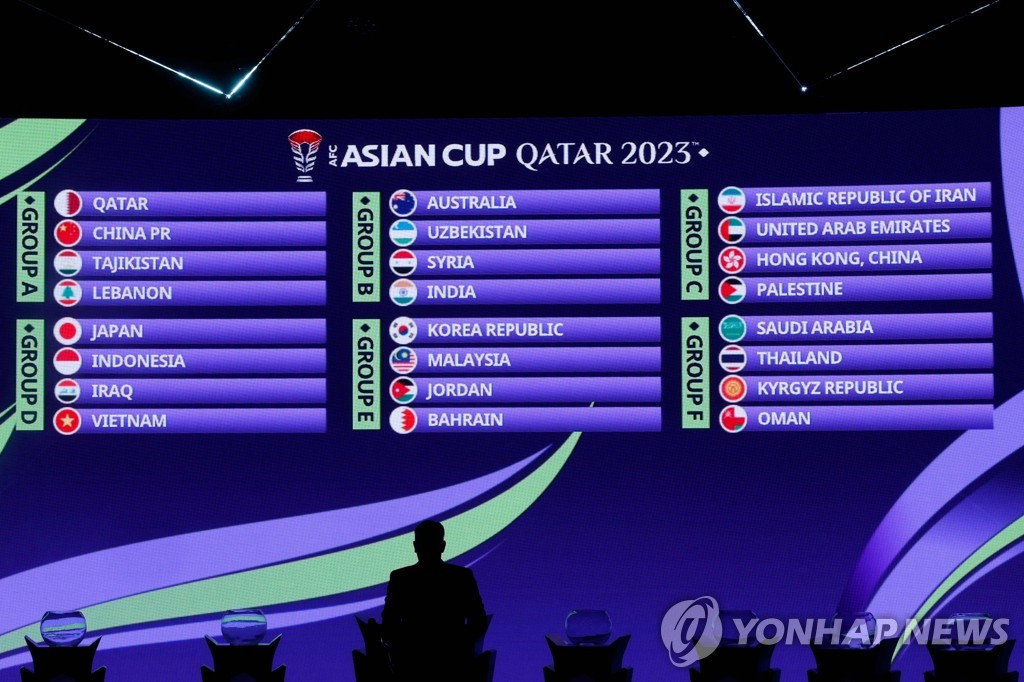 이 AFP 사진에는 2023년 5월 11일 도하의 카타라 오페라 하우스에서 열린 아시아축구연맹 아시안컵 조추첨 결과가 화면에 표시되어 있다.  (연합)
