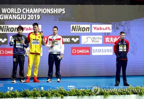 2019 광주 세계선수권대회 남자 200ｍ 시상식 때 덩컨 스콧(맨 오른쪽)의 모습,