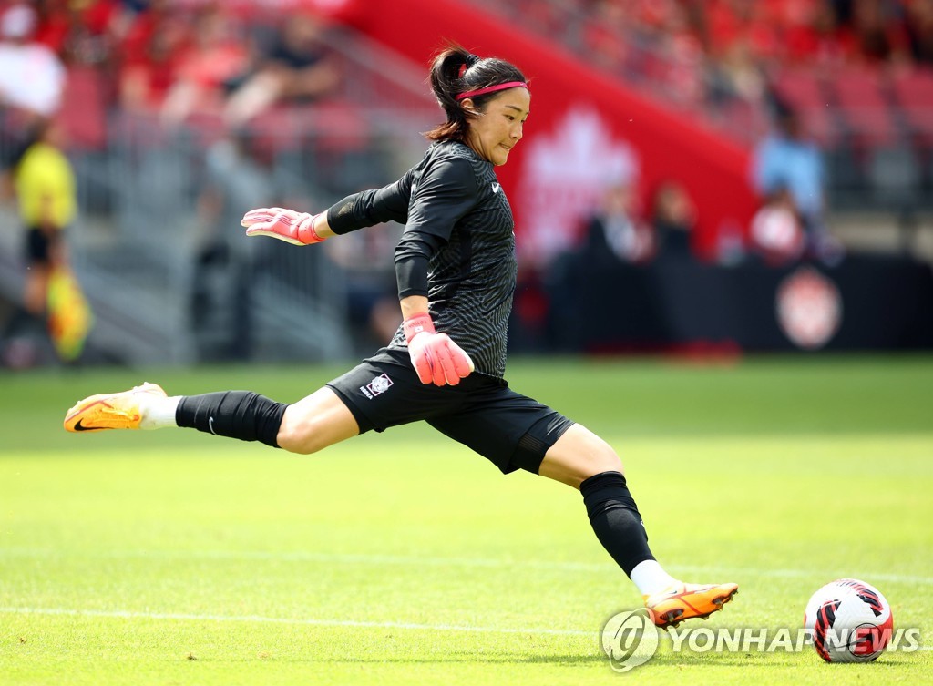 In this Getty Images photo, Yoon Younggeul of South Korea kicks the ball against Canada during the teams' football friendly match at BMO Field in Toronto on June 26, 2022. (Yonhap)