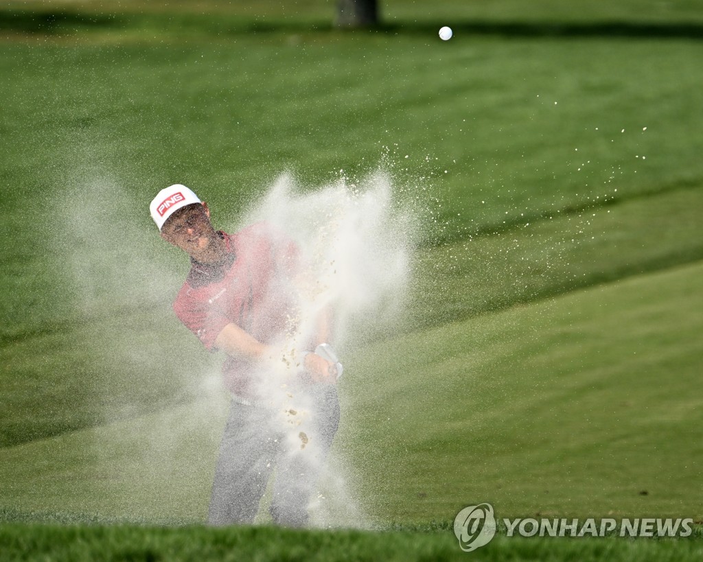 In this UPI file photo from March 3, 2023, Adrian Meronk of Poland hits out of a bunker during the second round of the Arnold Palmer Invitational at the Bay Hill Club and Lodge in Orlando, Florida. (Yonhap)
