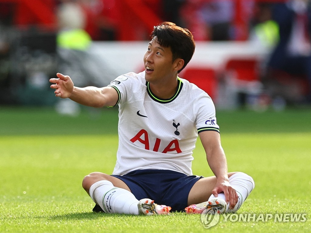 In this Reuters photo, Son Heung-min of Tottenham Hotspur reacts to a play against Nottingham Forest FC during the clubs' Premier League match at The City Ground in Nottingham, England, on Aug. 28, 2022. (Yonhap)