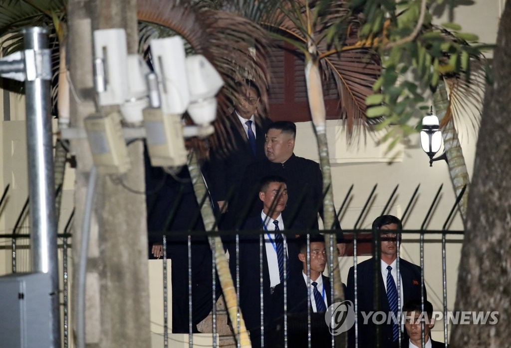 North Korean leader Kim Jong-un leaves the country's embassy in Hanoi, Vietnam, after an hourlong visit on Feb. 26, 2019. (Yonhap)