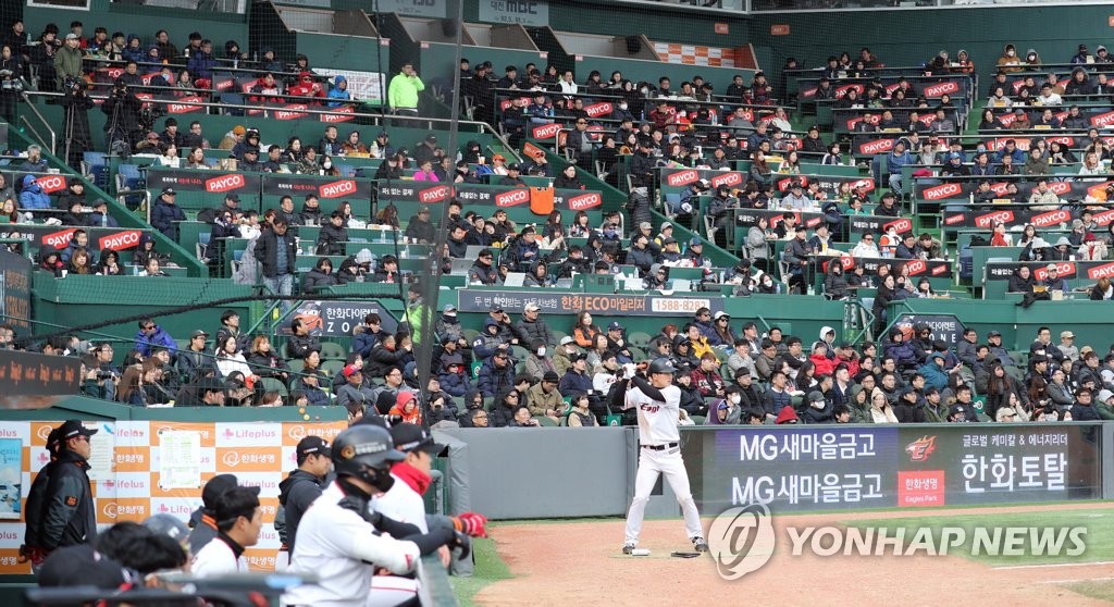 야구 시범경기 즐기는 야구팬들