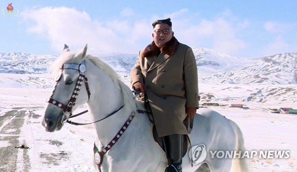 The image, captured from a new documentary film aired by the Korean Central Television on Jan. 2, 2020, shows North Korean leader Kim Jong-un riding a white horse at Mount Paekdu. (For Use Only in the Republic of Korea. No Redistribution) (Yonhap)