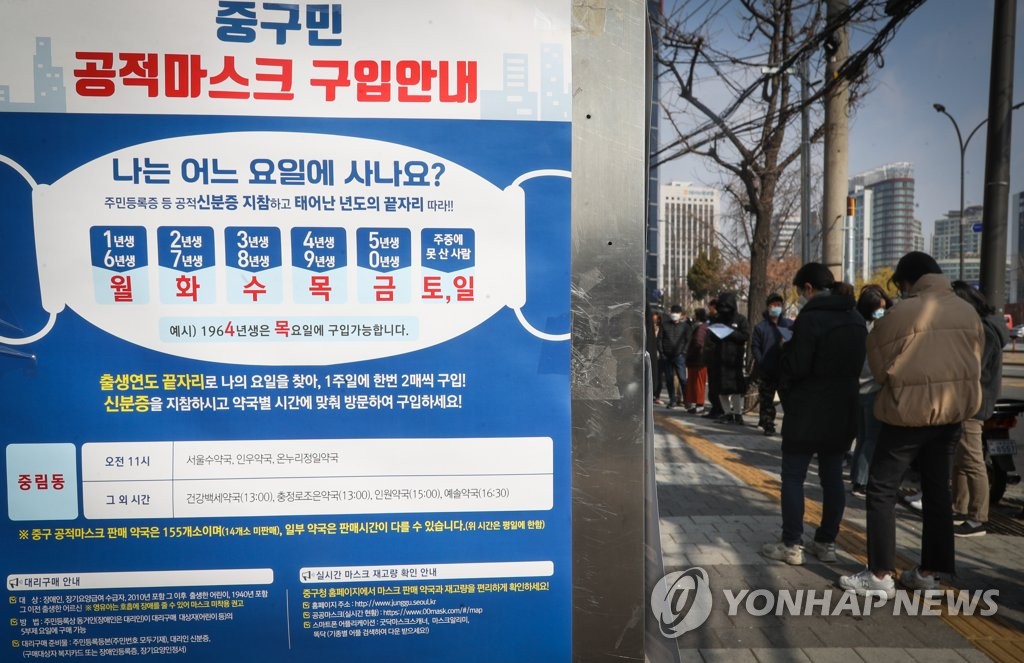 A notice on the government's mask rationing system is on display at a pharmacy in central Seoul in this photo taken on March 19, 2020. (Yonhap)