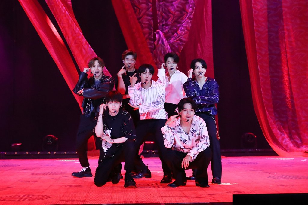 This photo provided by Big Hit Entertainment shows a highlight from the online concert "Bang Bang Con: The Live" hosted by K-pop group BTS on June 14, 2020. (PHOTO NOT FOR SALE) (Yonhap)