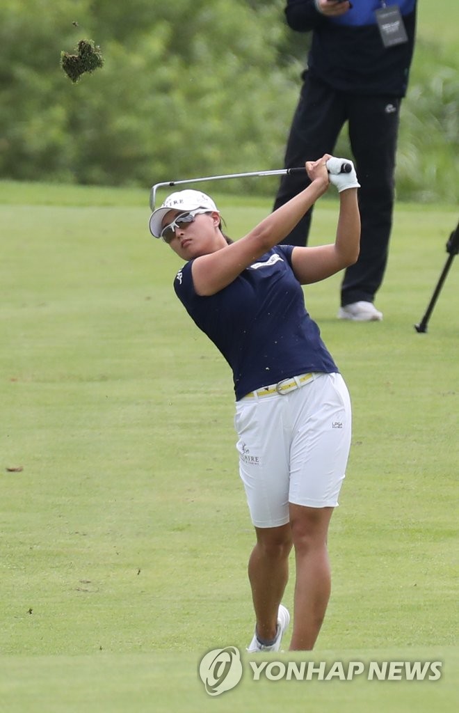 In this file photo from July 31, 2020, Ko Jin-young of South Korea hits her second shot at the ninth hole during the second round of the Jeju Samdasoo Masters at Saint Four Golf & Resort in Jeju, Jeju Island. (Yonhap)