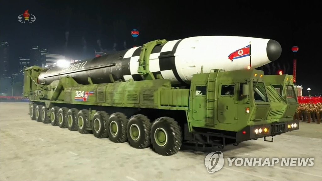 Shown in this file image captured from Korean Central Television footage on Oct. 10, 2020, is North Korea's new intercontinental ballistic missile (ICBM), which was displayed during a military parade held in Pyongyang to mark the 75th founding anniversary of the ruling Workers' Party. (For Use Only in the Republic of Korea. No Redistribution) (Yonhap)