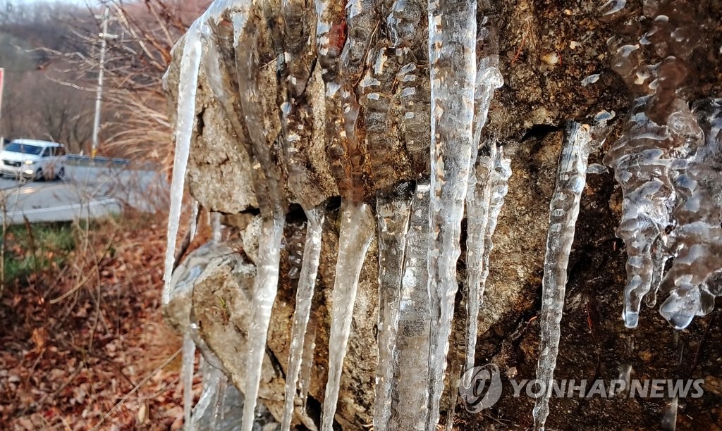 Icicles hang from the side of a road in the Daegwallyeong mountain pass in Pyeongchang, Gangwon Province, on Nov. 4, 2020. (Yonhap)