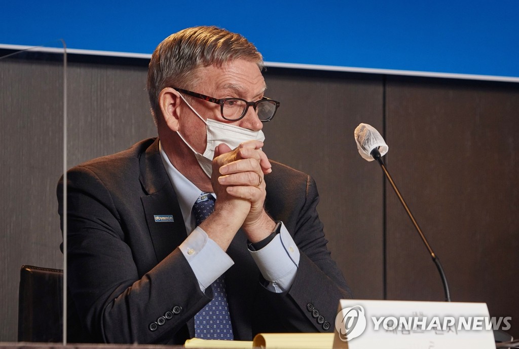 James Lynch, head of the U.N. High Commissioner for Refugees (UNHCR) Korea, attends a press conference in Seoul on Dec. 14, 2020, in this photo provided by his office. (PHOTO NOT FOR SALE) (Yonhap)