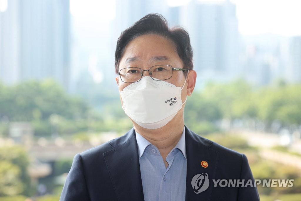 Justice Minister Park Beom-kye answers a reporter's question at the government complex in Gwacheon, south of Seoul, on July 28, 2021. (Yonhap)