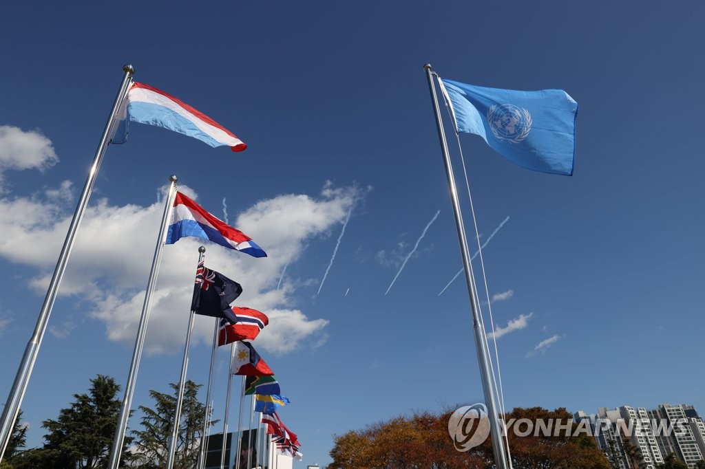 유엔기념공원에 게양된 유엔기와 참전 국기