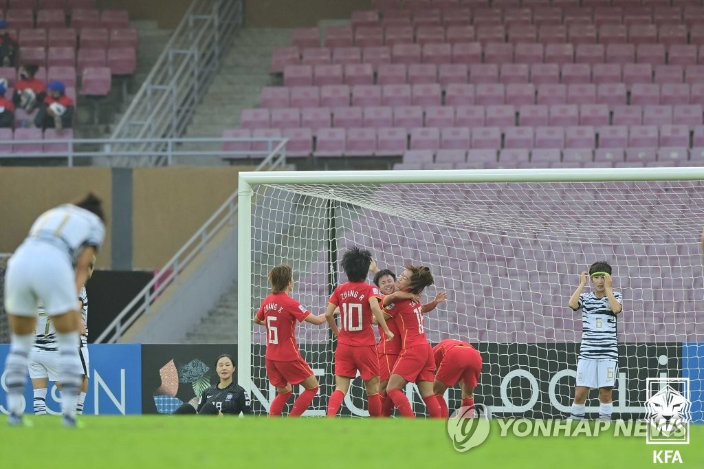 In this photo provided by the Korea Football Association, South Korea lose to China 3-2 in the final of the Asian Football Confederation (AFC) Women's Asian Cup held at DY Patil Stadium in Navi Mumbai, India, on Feb. 6, 2022. (PHOTO NOT FOR SALE) (Yonhap)