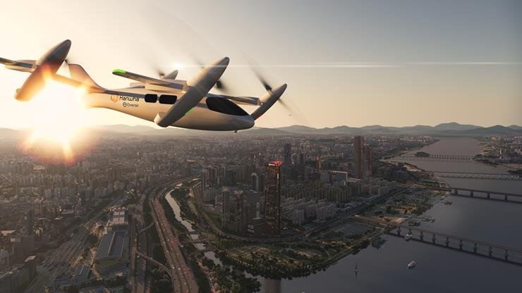 This image provided by Hanwha Group on June 14, 2022, shows a rendered model of Butterfly, an all-electric vertical take-off and landing (eVTOL) aircraft, or "flying taxi," under development by South Korea's Hanwha Systems Co. and U.S. eVTOL developer Overair Inc. (PHOTO NOT FOR SALE) (Yonhap)