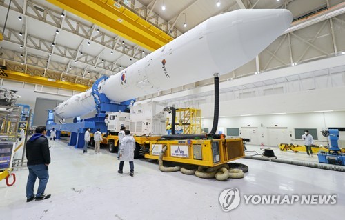 This photo provided by the Korea Aerospace Research Institute on June 16, 2021, shows the Nuri space rocket, also known as KSLV-II, transported back to the assembly building in Naro Space Center after its scheduled launch was called off. (PHOTO NOT FOR SALE) (Yonhap)