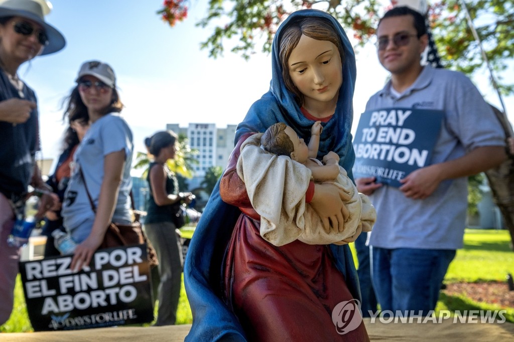 낙태 반대 시위 현장에 등장한 성모마리아상